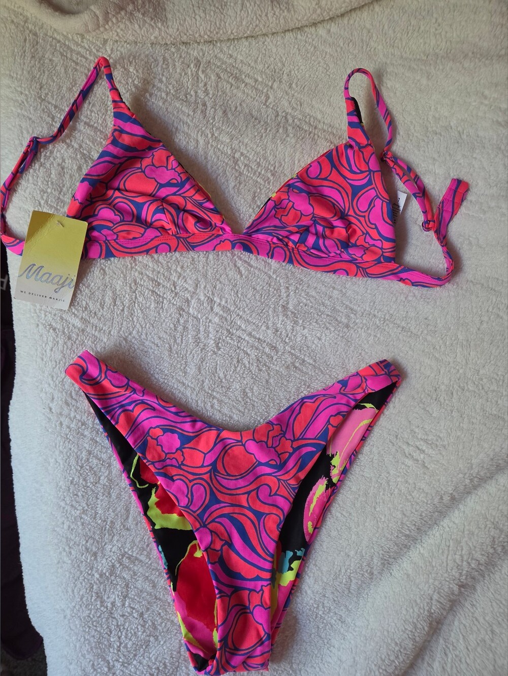 NWT Maaji Neon Pink Floral Tie-Side Bikini Set